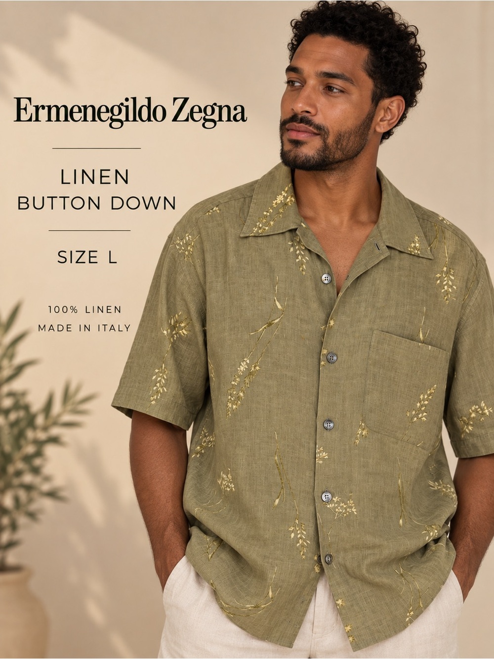 Ermenegildo Zegna 100% Linen Botanical Floral Short Sleeve Shirt Size L Italy